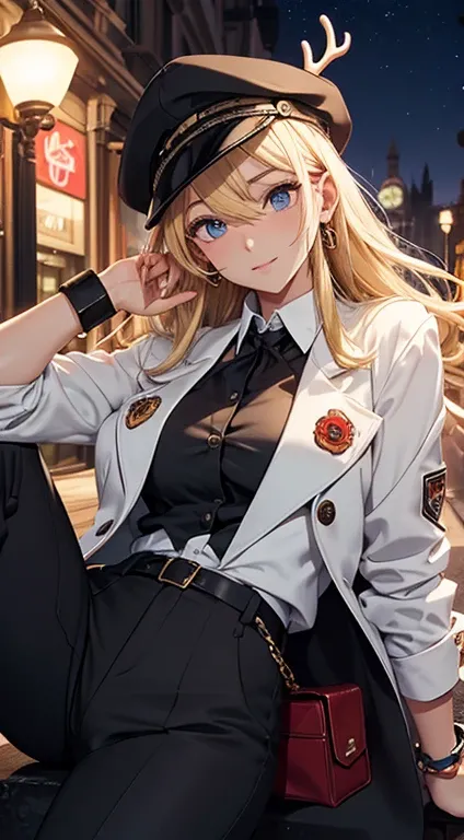 最high quality、best image quality、masterpiece、with a girl((18-year-old、White Open Y-Shirt、Deer Shooting Cap、stylish long coat、black pants、vest bust、bust 85、blonde、long hair、blue eyes、open your chest wide、valley、happiness、black wristband on wrist、Slender、ear...