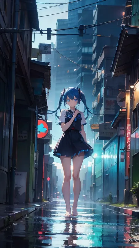 1 anime girl, alone,blue hair,blue eyes,Black petals flutter, A mysteriously shining butterfly.city,Hatsune Miku,鮮やかblue hair,bright blue jewel eyes,twin tails,thin legs,Gloomy cloudy sky,sad expression,very clear,highest quality,rainy city,standing on the...