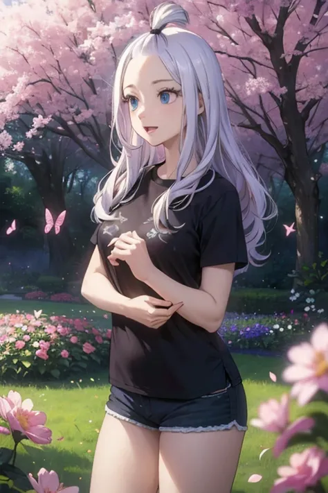 (best quality,4k,8k,highres,masterpiece:1.2),ultra-detailed,realistic,photorealistic:1.37,Mirajane Strauss,beautiful detailed smile,open mouth,black t-shirt,shorts,lovely girl,soft wavy hair,golden locks,dazzling blue eyes,rosy cheeks,soft skin,lush lashes...