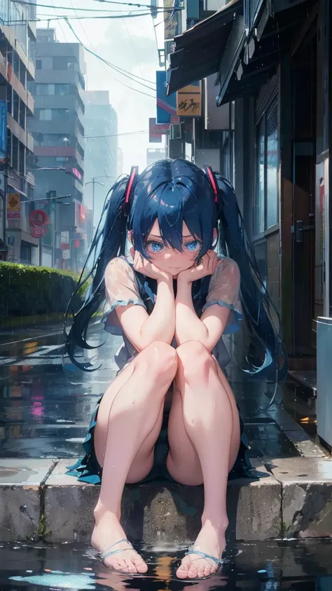 1 anime girl, alone,blue hair,blue eyes,Black petals flutter, A mysteriously shining butterfly.city,Hatsune Miku,鮮やかblue hair,bright blue jewel eyes,twin tails,thin legs,Gloomy cloudy sky,sad expression,very clear,highest quality,rainy city,street corner,A...