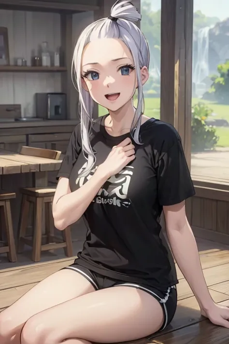 (best quality,4k,8k,highres,masterpiece:1.2),ultra-detailed,realistic,photorealistic:1.37, Mirajane Strauss with a beautiful smile and open mouth and a ponytail wearing a black t-shirt and shorts 