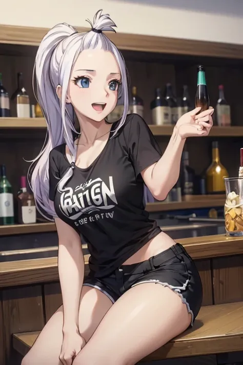 (best quality,4k,8k,highres,masterpiece:1.2),ultra-detailed,realistic,photorealistic:1.37, Mirajane Strauss with a beautiful smile and open mouth and a ponytail wearing a black t-shirt and shorts 