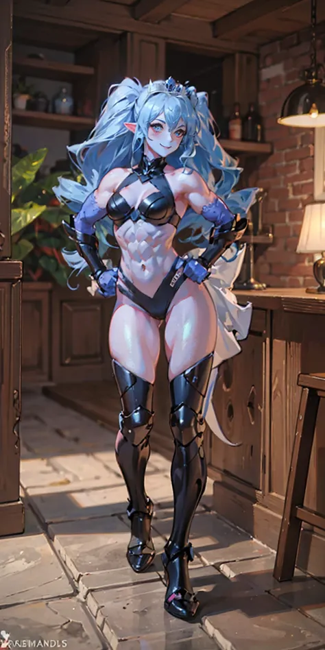 full body, def_effie, blue breastplate, blue skin, looking at viewer, shiny,armor, thighhighs, high boots,shoulder armor, faulds, poleyn, gloves, gauntlets, Rerebrace armored boots, pauldrons,(masterpiece, best quality, ultra-detailed, best shadow) yordle ...