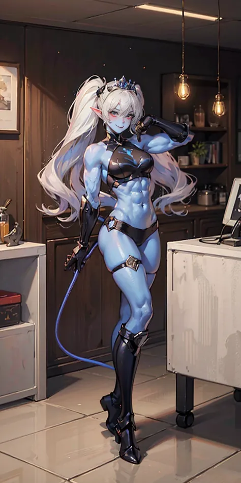 full body, def_effie, blue breastplate, blue skin, looking at viewer, shiny,armor, thighhighs, high boots,shoulder armor, faulds, poleyn, gloves, gauntlets, Rerebrace armored boots, pauldrons,(masterpiece, best quality, ultra-detailed, best shadow) yordle ...