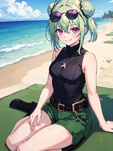 (highres), (best quality),1 girl, alone, medium hair, pastel green hair, twin buns, villain smile, violet eyes, round black sunglasses on head, beach, black sleeveless turtleneck top, green shorts, dark brown boots