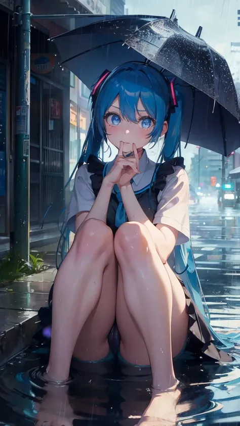 1 anime girl, alone,blue hair,blue eyes,Black petals flutter, A mysteriously shining butterfly.city,Hatsune Miku,鮮やかblue hair,bright blue jewel eyes,twin tails,thin legs,Gloomy cloudy sky,sad expression,very clear,highest quality,rainy city,street corner,A...