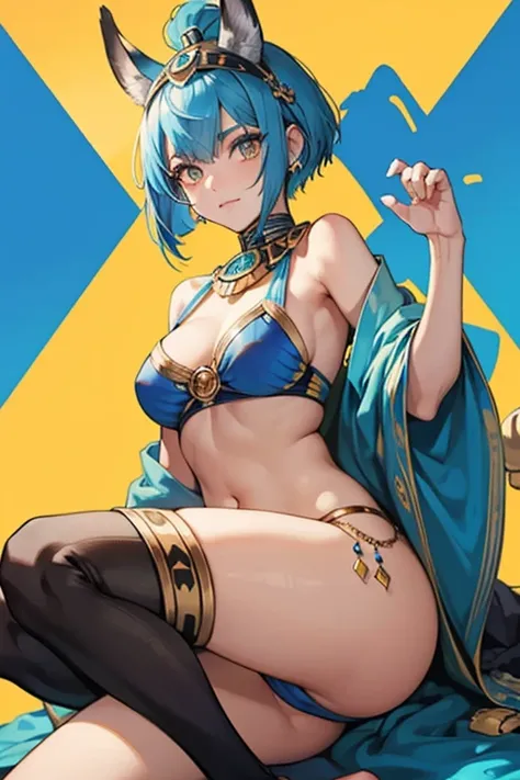 Ankha has blue hair in a bob cut, aside from two yellow stripes that wrap horizontally around her head. Her ears are similarly blue with yellow interiors. This emulates the Egyptian headdresses pharaohs wore, complemented by a cobra emblem worn on her fore...