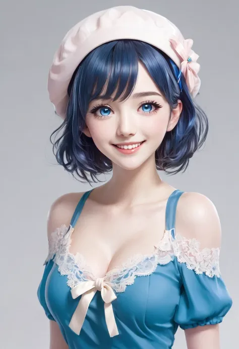 front view, dark blue hair, bob cut hair, small pink beret, light blue dress, cream lace decoration, anime, full body, white bac...