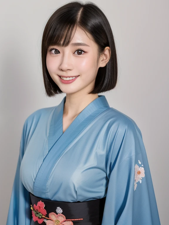 (kawaii 24 year-old Japanese girl, Nogizaka idol, Korean idol), (glossy black hair, medium bob cut:1.3), (extra rounded face, forehead, single eyelid, no makeup, laughing:1.2), (wearing light blue concept Kimono, Japanese traditional cloth, floral patterne...