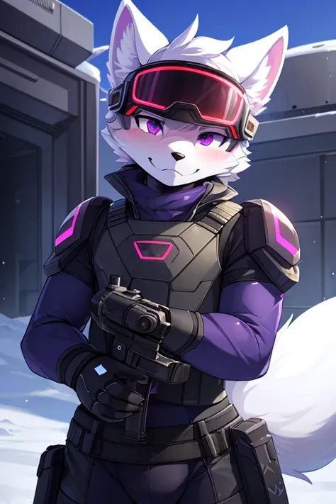 ((best quality, masterpiece, perfect anatomy, detailed picture)), male, arctic protogen, arctic fox, long visor, red visor, purple eyes, sexy body, big buldge, futuristic soldier clothing, fluffy tail, red blushing, shy, in the battlefield, front view, sho...