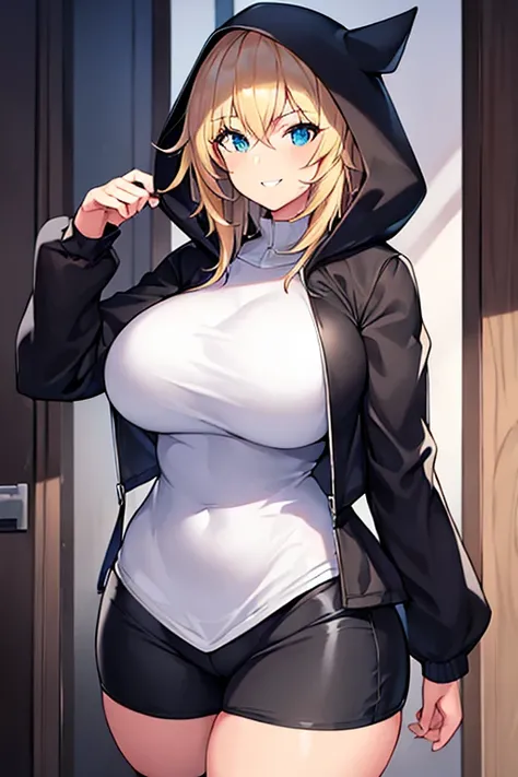 1girl, hood, jacket, hooded jacket, hood on, hood up, blonde hair, large breasts, thick thighs, wide hips, hourglass figure, breasts, white shirt, black shirt, very short hair, pants, black pants, smile, toned, toned female, mature female, tall, tall femal...