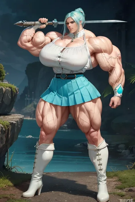 ((((Massive, tall, beautiful, buff, muscular pale white skinned woman with cyan hair, ginormous bulky muscles, holding a giant Zweihander and wearing a white half buttoned down blouse with pleated skirt)))), close view, vascular, massive muscle, massive bi...