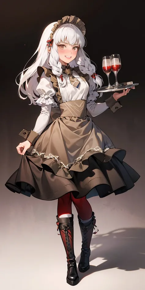 full body standing straight symmetrical, lustful smirking smile face red blush red cheeks, looking at viewer, holding tray, braid, maid headdress, maid, dress, apron, long sleeves, brown pantyhose, long leather militar boots, thighs, long white hair, maste...