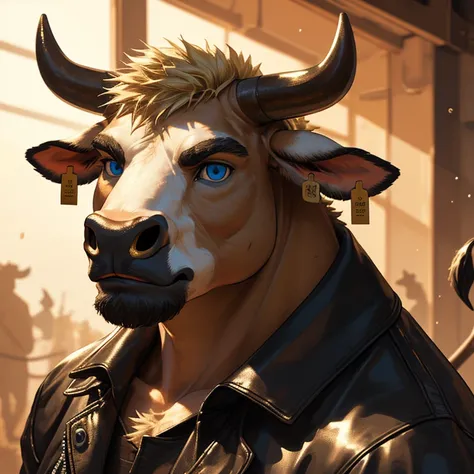 Headshot, handsome male, cow, two pointy horns, gold nose ring, cattle ear tag, heavy muscular build, light brown short messy fringe, ((best quality)), ((masterpiece)), (detailed), perfect face, blonde fur, blue eyes, good eyes, leather jacket, mischievous...