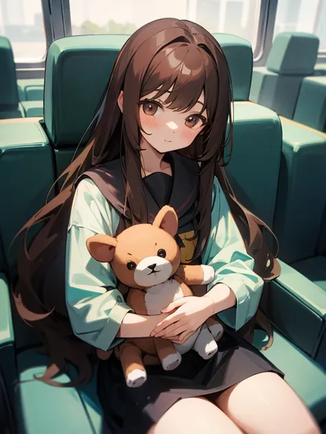 long hair、brown hair girl、sit、Hold a stuffed animal in your lap