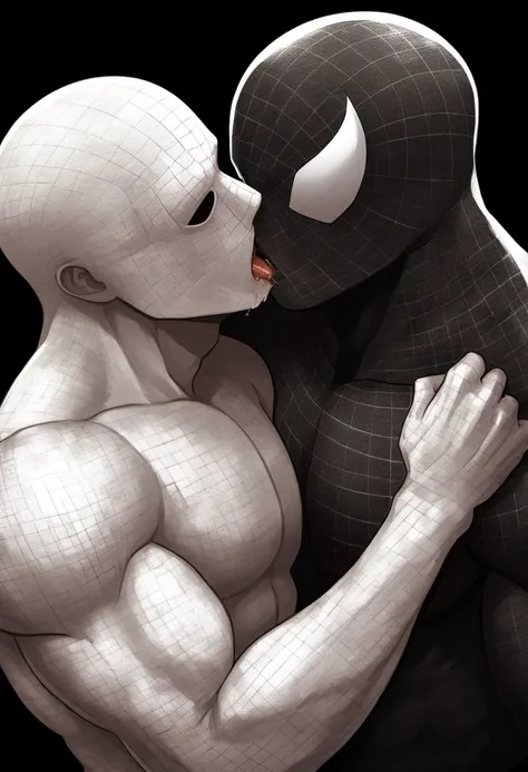 anime characters：White Spider-Man and Black Spider-Man, Embrace, kiss, Muscular Spider-Man, male focus, No Spider-Man Logo, Upper body, aged leather texture, He wears a White tights, small grid texture, spiderman mask, Spider-Man logo, muscular male, Extra...