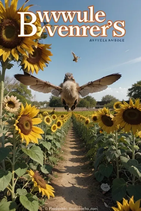 Una portada que diga en la mitad de arriba "Las aventuras de la naturaleza"and below images of bees, sunflowers spiders and doves