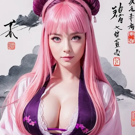 a girl, pink hair ,purple eyes, traditional Chinese ink painting, big tits