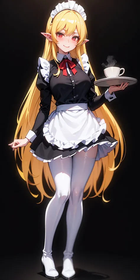 ((black background)) masterpiece, full body standing straight symmetrical, lustful smirking smile face red blush red cheeks, looking at viewer, holding tray, maid headdress, maid, dress, white apron, black long sleeves with white wristband, white pantyhose...