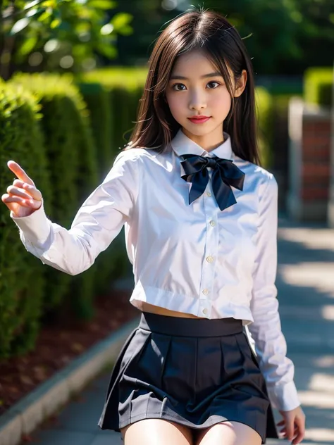 (masterpiece, highest quality:1.4), award-winning portraits, 8K, 85mm, alone, beautiful face, delicate girl, , (dark navy blazer jacket), dark navy skirt, long sleeve, violaces, gardenia, grace, Sophisticated, cute, teen, looking at the viewer, 15 years ol...