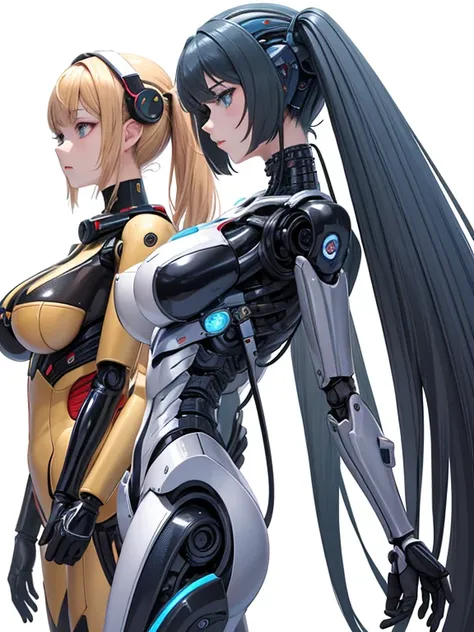 (masterpiece, high-qualityinalses):
Multiple female robots line up in a maintenance shop, their upper bodies exposed, showcasing intricate mechanics and circuits. Below their waists, their lower bodies are separated, displaying complex multi-legged mechani...