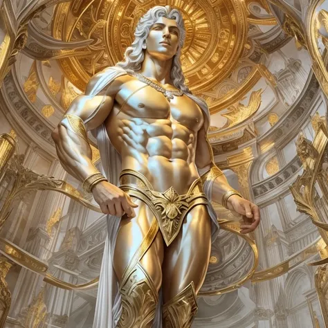 "representative of masculine beauty, Marble half-human figures carved like naked gods., Radiant power and strength, Bathed in a mesmerizing gold and silver light., Full body image viewed from below."