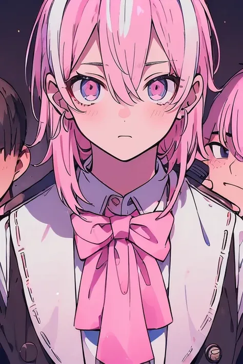 (muste piece), (best quality), very detailed, (((Two friendly high school boys:1.5))), perfect face, beautiful face, very detailed face，(white haired man:1.3)，(pink haired man:1.3)，School，classroom，student uniform，white uniform, tie，shirt