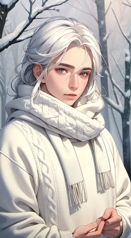 (masterpiece, best quality), intricate details, 1male, snow,cold,winter,trees,white hair,white eyes,rosy cheeks,scarf,sweater,thick white eyelashes,ethereal,serious