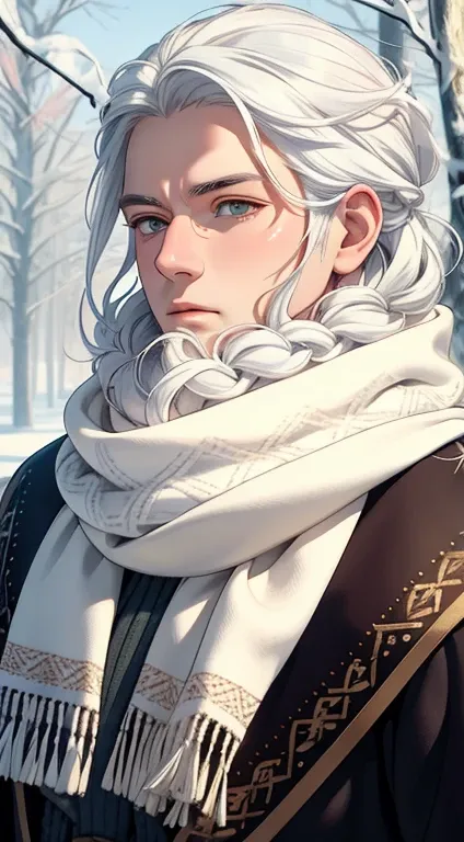 (masterpiece, best quality), intricate details, 1male, snow,cold,winter,trees,white hair,white eyes,rosy cheeks,scarf,sweater,thick white eyelashes,ethereal,serious,viking