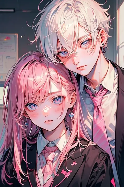 (muste piece), (best quality), very detailed, (((Two friendly high school boys:1.5))), perfect face, beautiful face, very detailed face，(white haired man:1.3)，(pink haired man:1.3)，School，classroom，student uniform，white uniform, tie，shirt