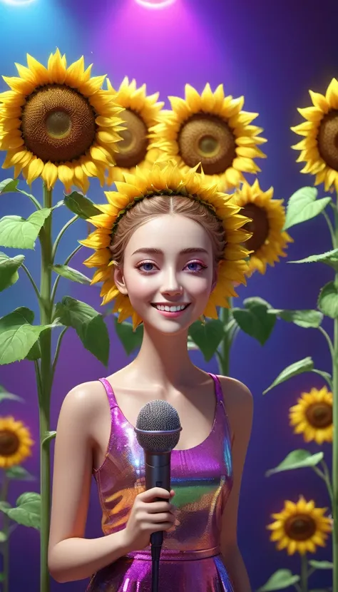 （role conception）， (5 lovely sunflowers，Wearing different colored clothes，stand in front of a microphone and sing,），Holographic Color Set,Smile, big bright eyes, background with：stage，neon lights，like a dream，whimsical，like story, Ultra-detailed, pixel sty...