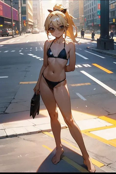 masterpiece,highest quality,official art,Highly detailed CG Unity 8K wallpaper,one cute tanned girl,black bra,black bikini,Flat chest,Navel exposed.,toned body,barefoot,私inside the city,ponytail,blonde,wearing sunglasses,smile,smiling face,face is turning ...