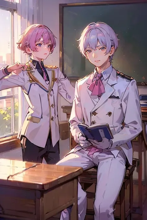 (muste piece), (best quality), very detailed, (((Two friendly high school boys:1.5))), perfect face, beautiful face, very detailed face，(white haired man:1.3)，(pink haired man:1.3)，School，classroom，student uniform，white uniform, tie，shirt, special A class ...