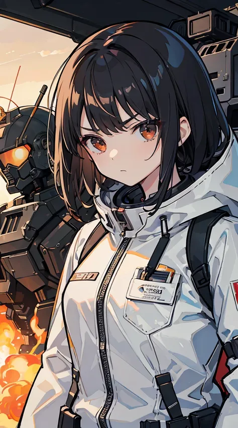 ((masterpiece)), ((highest quality)), 1 boy, 1 girl, Spacesuit, Mecha, factory, serious face, Fight, war zone, Retaining M1 Garand, tactical clothing, black hair red line girl, black haired boy,