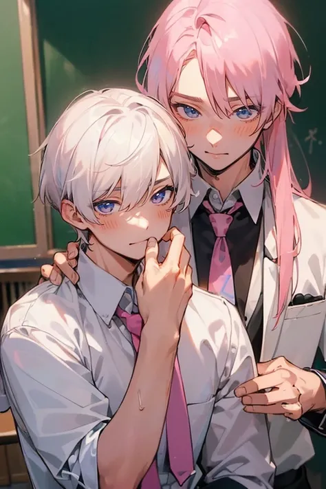 (muste piece), (best quality), very detailed, (((Two friendly high school boys:1.5))), perfect face, beautiful face, very detailed face，(white haired man:1.3)，(pink haired man:1.3)，School，classroom，student uniform，white uniform, tie，shirt, special A class ...