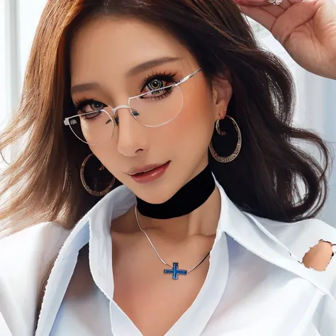 (masterpiece),(highest quality),(ultra high resolution),(8K resolution),(realistic),(super detailed),(sharp focus),(Raw photo),
1 girl,good hand,(long hair),(wavy hair),(hair above one eye),Glasses,(choker),(cross necklace),(earrings),(sapphire eyes),(near...