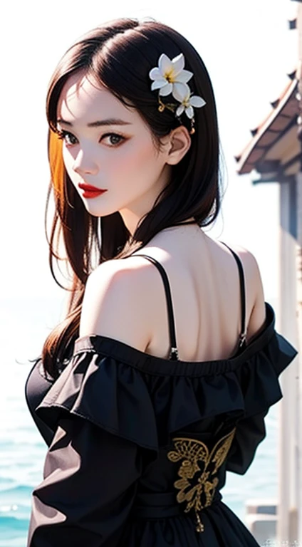 [(white background:1.5)::5], 1 girl,Upper body,robber girl,blue cheongsam,Chinese service,small hair flowers,(masterpiece:1.4),(highest quality:1.4),(shiny skin),red lips,((long hair、all back、Forehead exposed、black hair)), looking at the viewer,small breas...