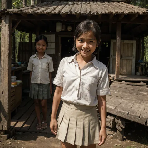 Realistic photo depicting 1 Indonesian girl, villager, poor girl, 9 years old, wearing white pocketed and button-up shirt, wearing white pleated skirt, smiling, tiny and skinny body, short body, short straight hair, standing and smiling by the old wooden c...