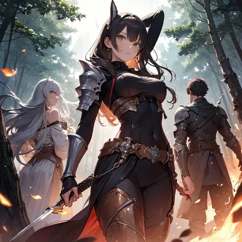 A group of  female knight, (in forest), various hair styles, harem, wearing armored clothes, metal armor, night, details face, trousers, seducing, sword, 