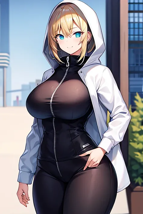 1girl, hood, jacket, hooded jacket, hood on, hood up, blonde hair, large breasts, breasts, wide hips, thick thighs, hourglass figure, white jacket, black shirt, shirt, very short hair, pants, black pants, smile, toned, toned female, urban, mature female, t...