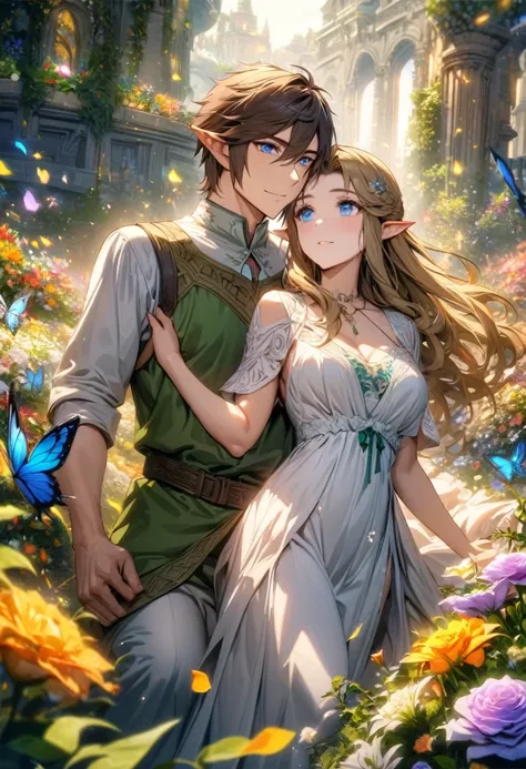 absurdres, highres, ultra detailed, HDR), masterpiece, vibrant blue eyes, Link, dark brown short hair, hair between the eyes, green tunic, The legend of zelda twilight princess, Princess Zelda, dark brown long hair, purple and white dress, a handsome man t...