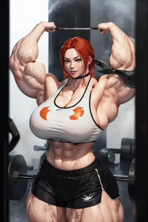 (((((Massive, tall, beautiful, sweating, pale white skinned, buff, muscular asian woman with red hair, ginormous bulky muscles flexing biceps and wearing a black sports bra and black dolphin shorts))))), (close view), massive muscle, massive biceps, hyper ...