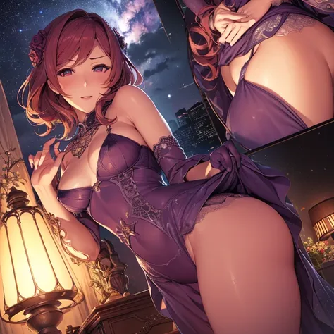 {{{{{Maki Nishikino}}}}},{{{lovelive}}}，pink colour,sexy lace ballet Deep v，be shy,Sexy magnificent/gorgeous Siamese purple lace ballet，petite,small and exquisite，{{{loli}}},Her breasts are not big，night sky,arrays/swarms of stars,Milky Way，Please draw a m...