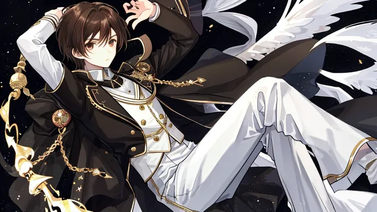 boy with brown hair, brown eyes, black royal clothes, white trousers, black majestic wings 