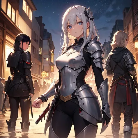 A group of  female knight, (in forest), various hair styles, harem, wearing armored clothes, metal armor, night, details face, trousers, seducing, sword, 