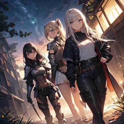 A group of  female knight, (in forest), various hair styles, harem, wearing armored clothes, metal armor, night, details face, trousers, seducing, sword, 