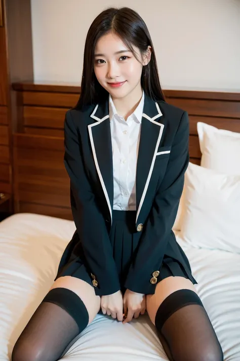 (8K), (highest quality: 1.2), (realistic), (realistic: 1.37), ultra high resolution, 1 girl, cute, shy smile, closed mouth, beautiful details, beautiful nose, wet hair, giant dulcefo, pork, thighs，Self snap,University Student Uniform,simple blazer,pleated ...