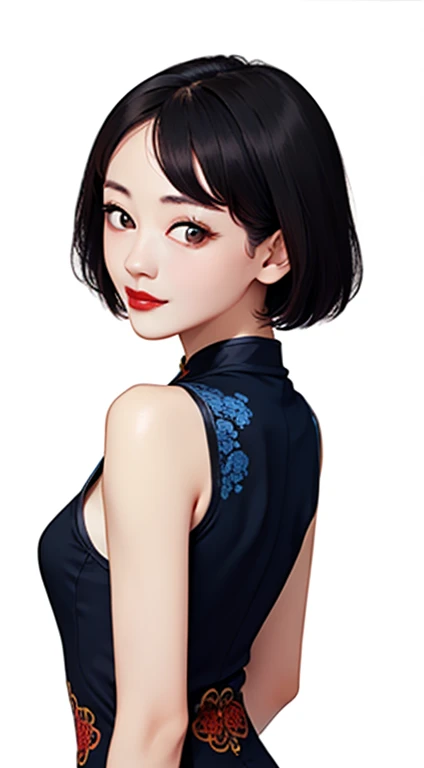 [(white background:1.5)::5], 1 girl,Upper body,robber girl,blue cheongsam dress,blue cheongsam,(highest quality:1.4),(shiny skin),red lips,((short hair、all back、exposed forehead、black hair), looking at the viewer,small breasts,,thin、small breast.