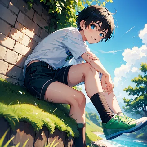 A boy, 12 years old, Green shoes, BLUE eyes, shonen boy, black hair, BLUE shorts, smile