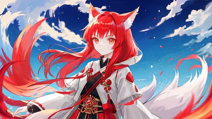 girl with red long hair, royal clothes, fox ears, nine fox tails, white fox, sky, anime